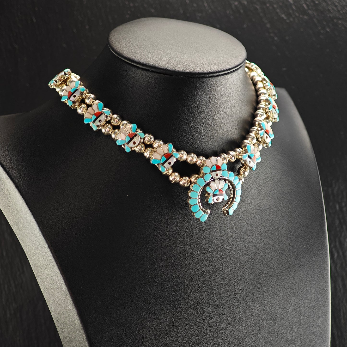 Vintage Zuni Multi-Stone Inlay Sterling Silver Squash Blossom Necklace N2691