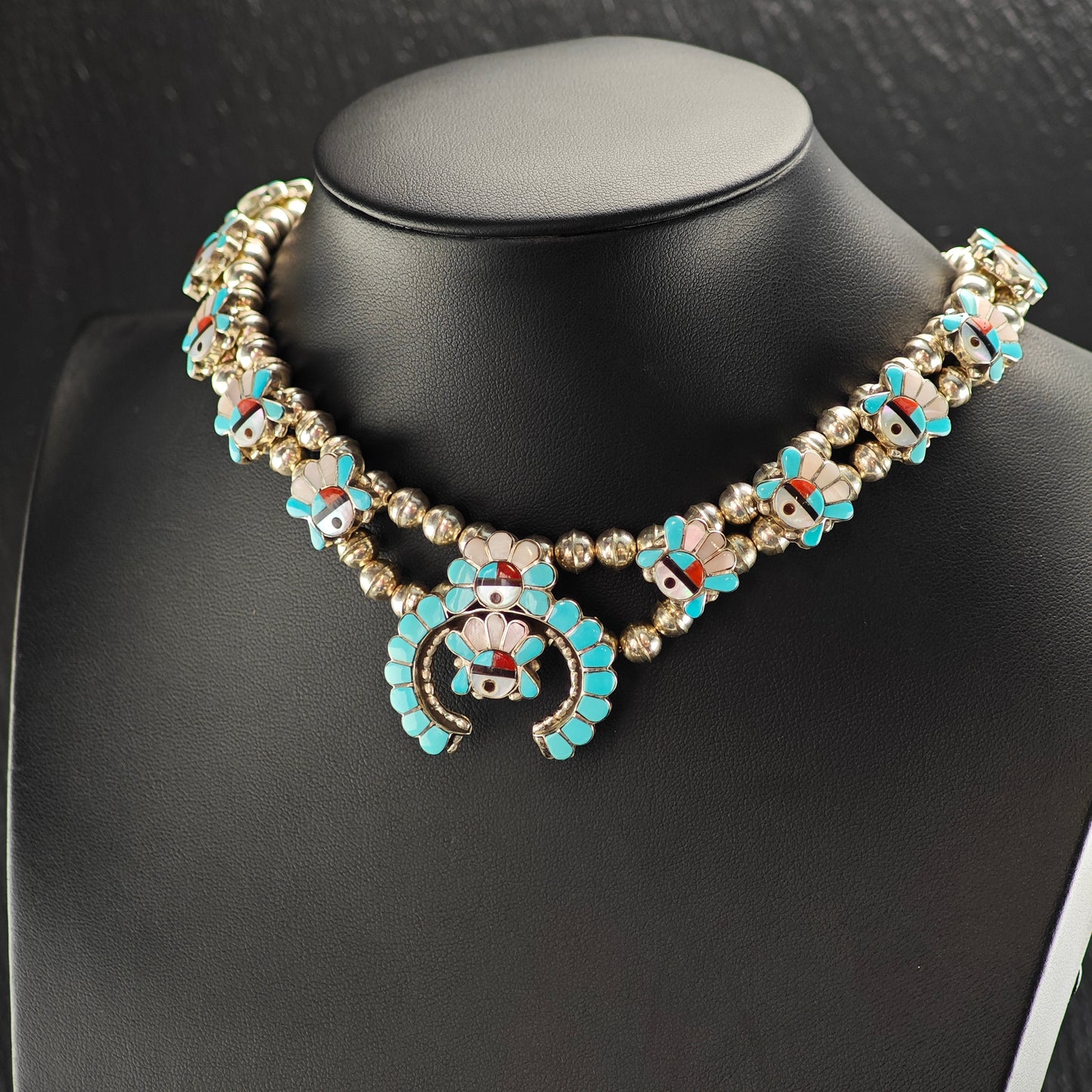 Vintage Zuni Multi-Stone Inlay Sterling Silver Squash Blossom Necklace N2691