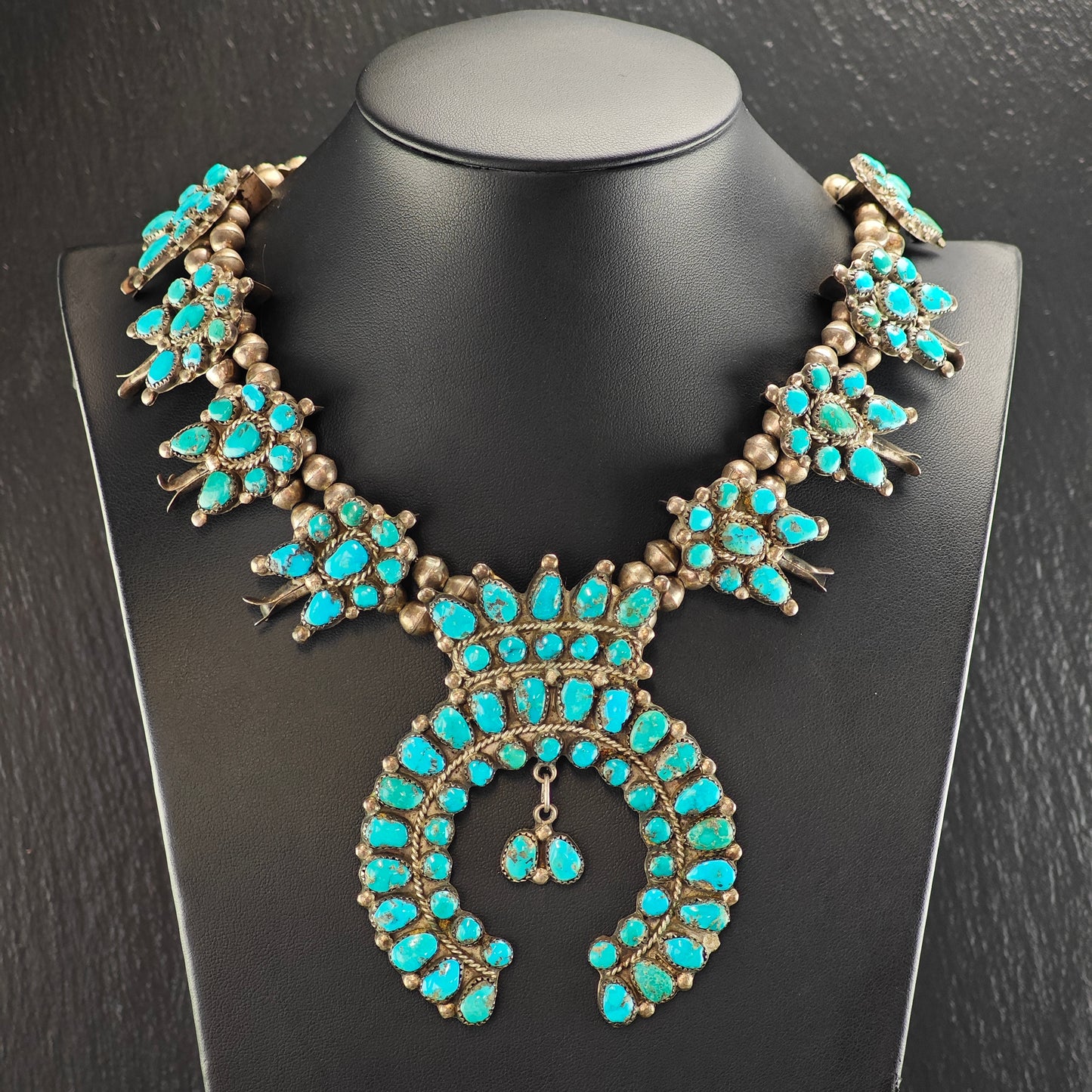 Vintage Zuni Turquoise Cluster Pendant Sterling Silver Squash Blossom Necklace N2693