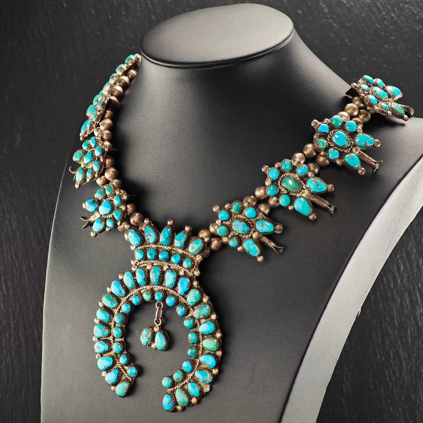 Vintage Zuni Turquoise Cluster Pendant Sterling Silver Squash Blossom Necklace N2693