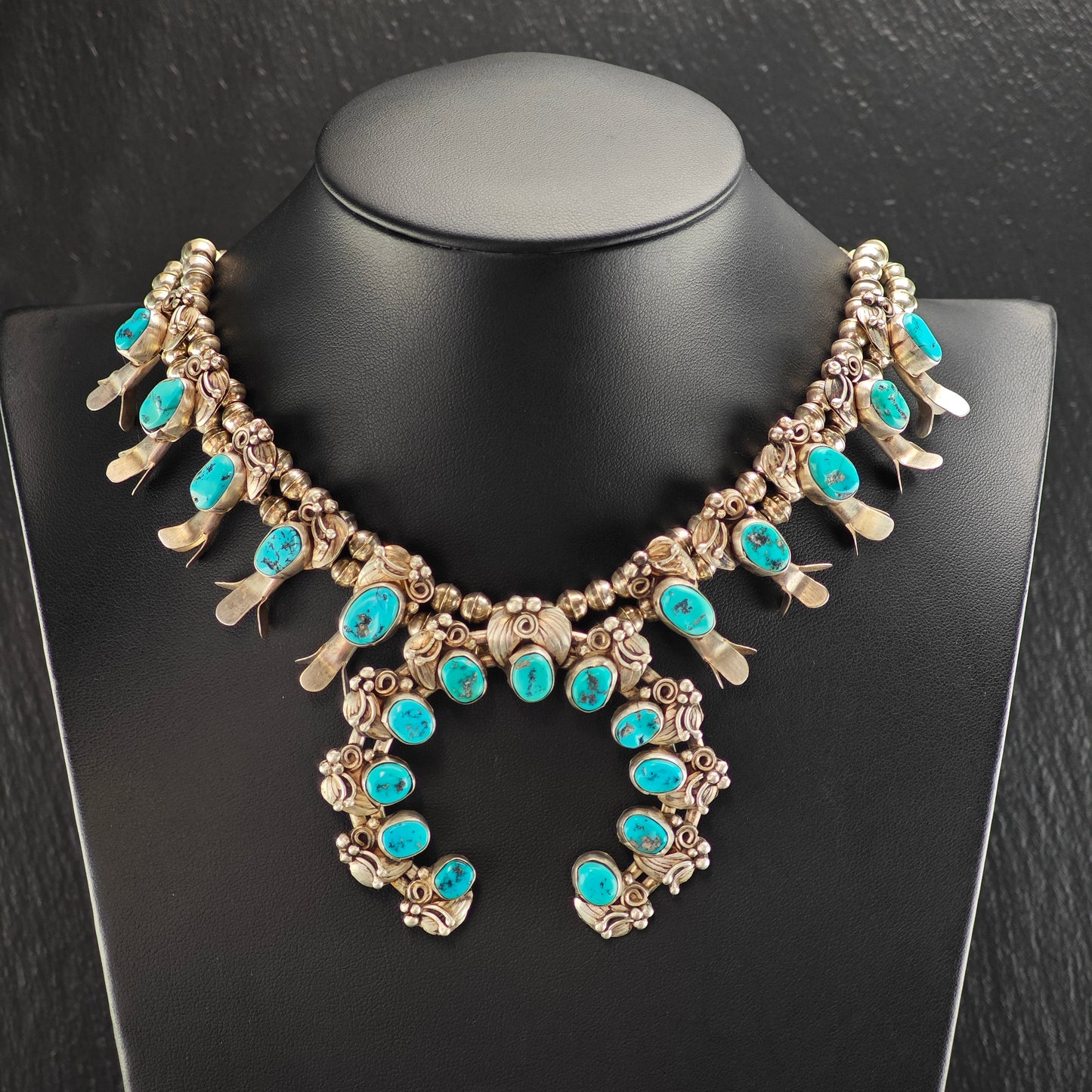 Vintage Native American Blue Sleeping Beauty Turquoise Sterling Silver Squash Blossom & Earring Set Necklace N2692