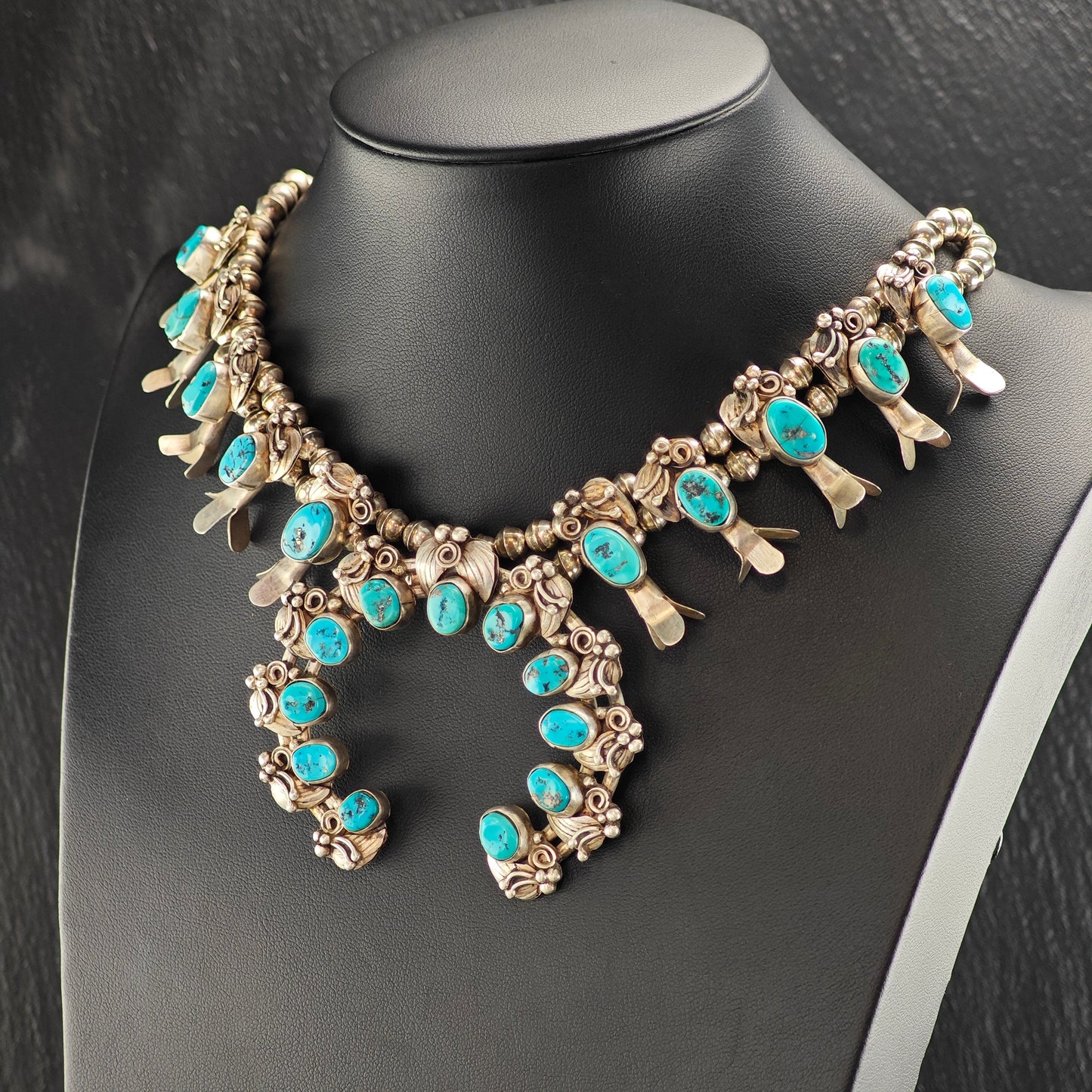 Vintage Native American Blue Sleeping Beauty Turquoise Sterling Silver Squash Blossom & Earring Set Necklace N2692