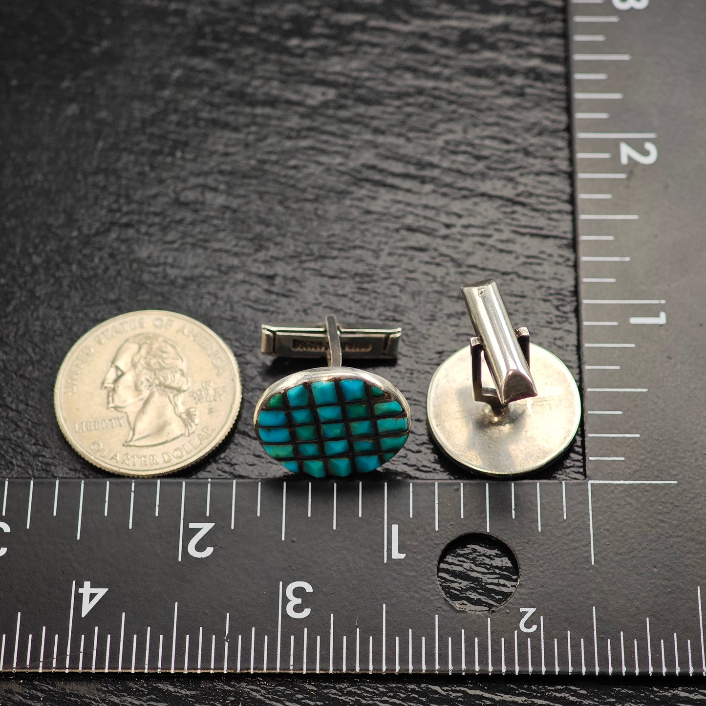 1940's Native American Zuni Turquoise Inlay Cufflinks Sterling Silver MISC0357