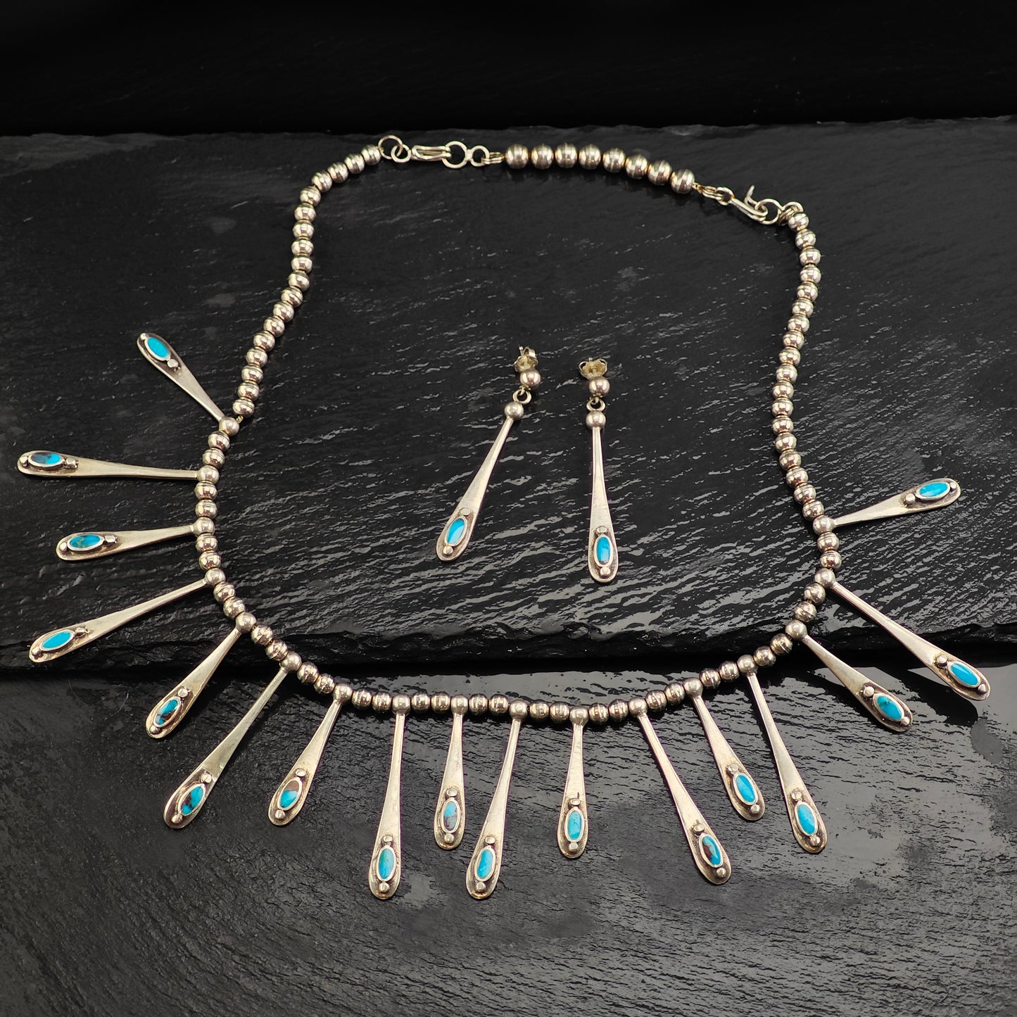 Vintage Bisbee Mine Turquoise Sterling Silver Necklace Earring Set Necklace N2596