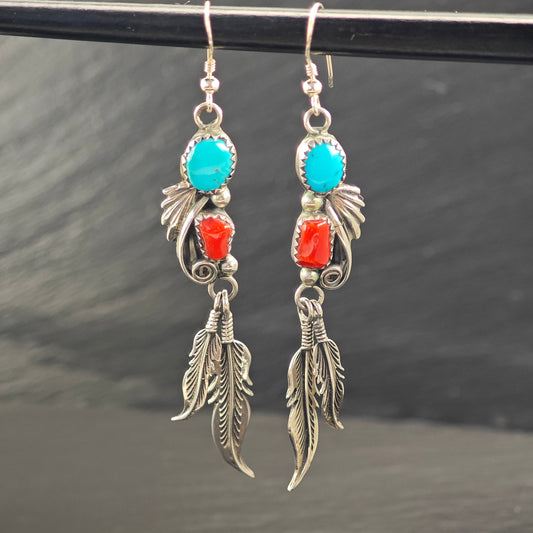 Vintage Native American Turquoise Coral Sterling Silver Hook/Dangle Earrings ER3064