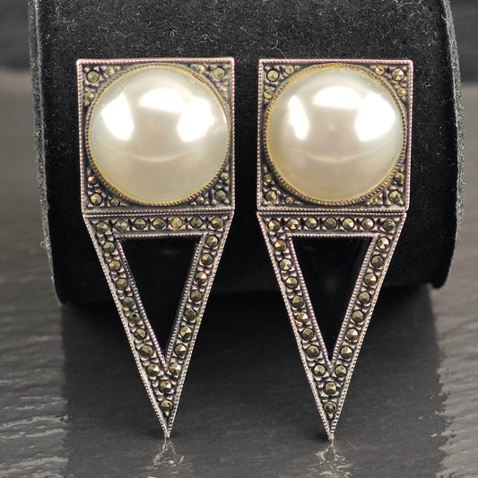 Vintage XL Judith Jack Mabe Pearl Silver Post Earrings ER3065