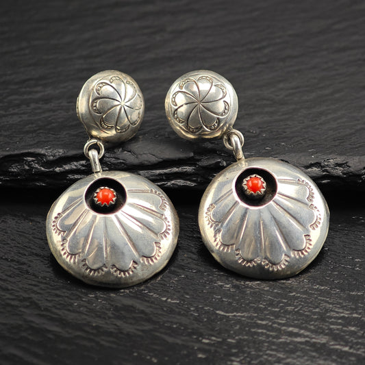 Vintage Native American Coral Shadowbox Sterling Silver Stud/Dangle Earrings ER3066