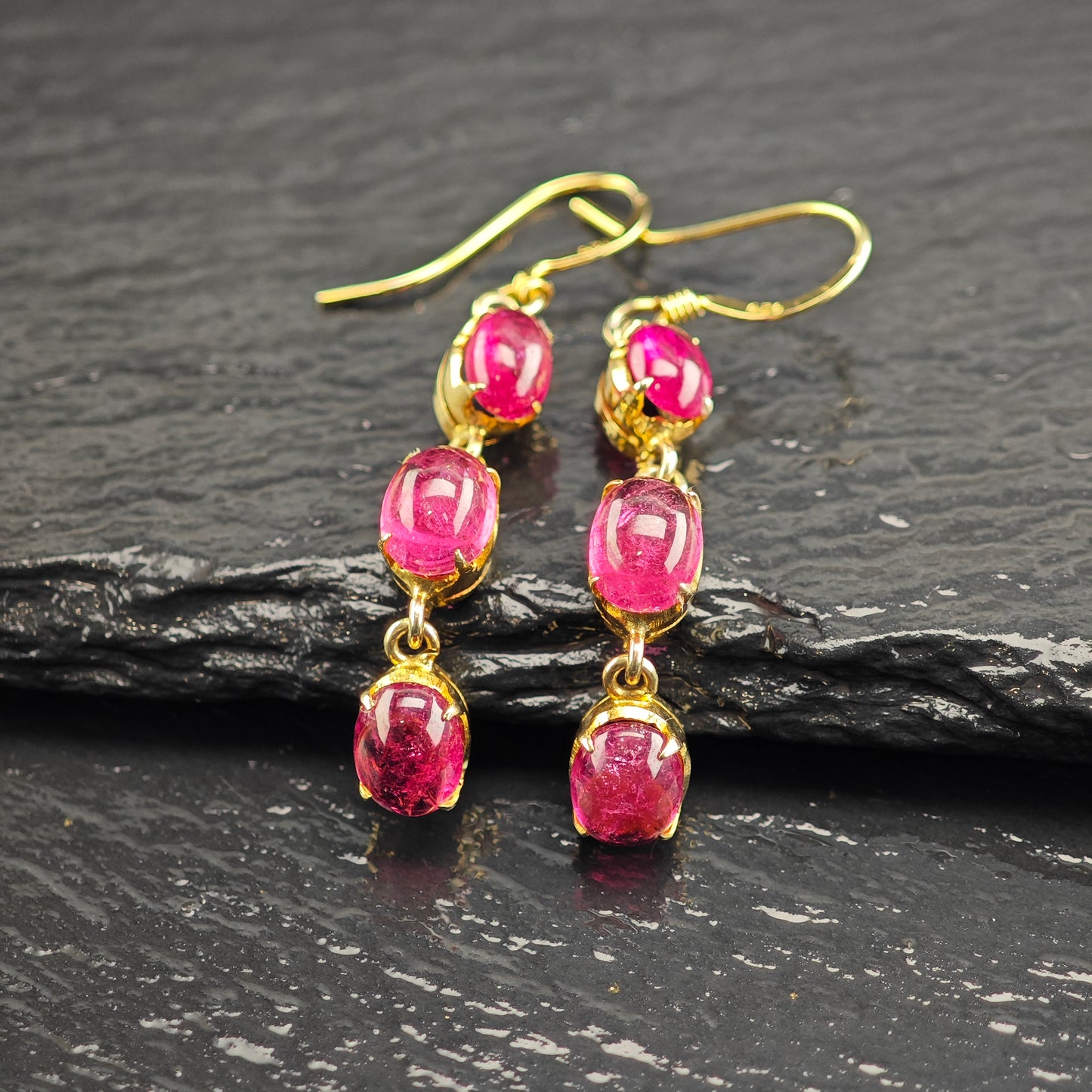 Vintage Rubellite Tourmaline Gold Plated Sterling Silver Hook Dangle Earrings ER3069