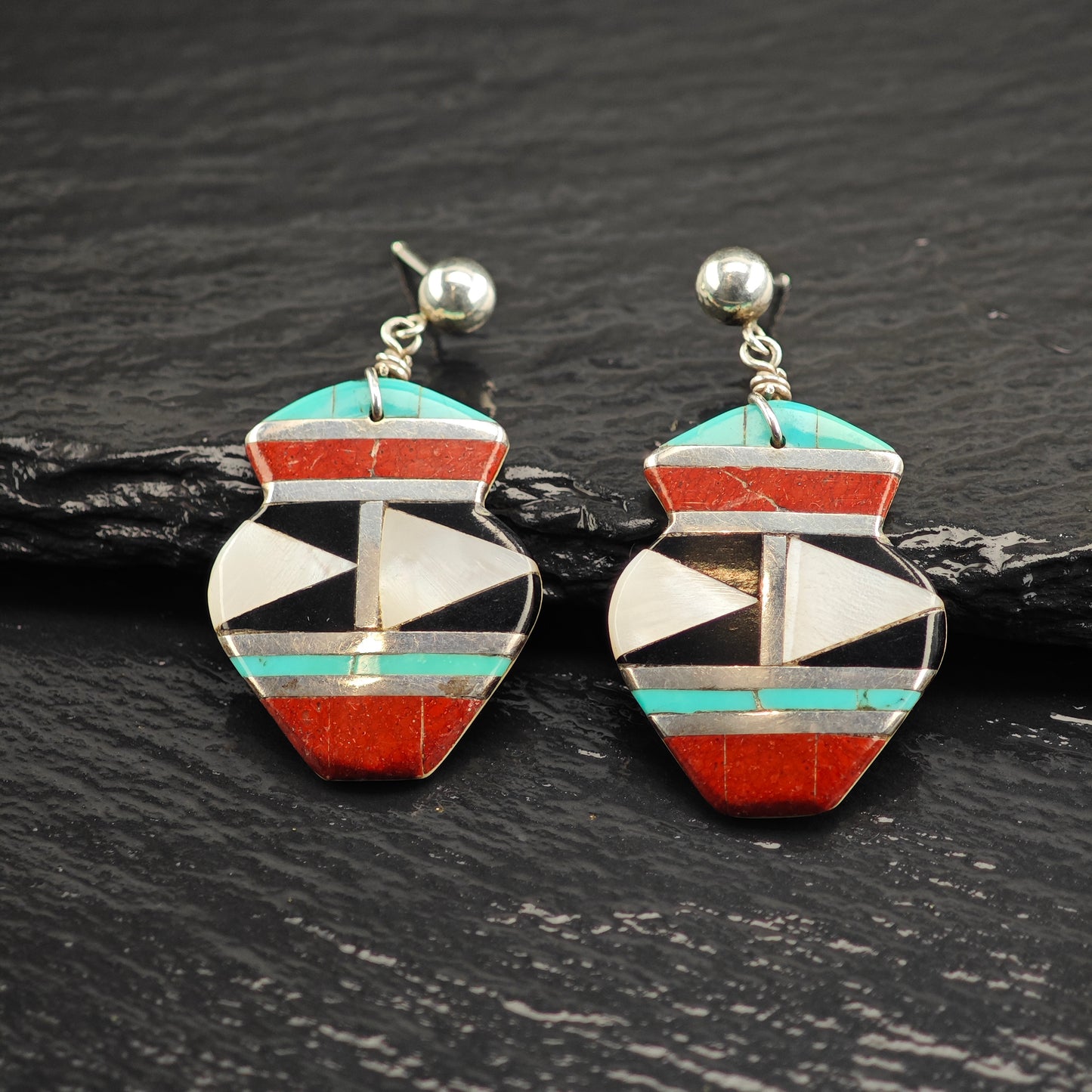 Vintage Zuni Native American Shell Inlay Sterling Silver Stud Dangle Earrings ER3070