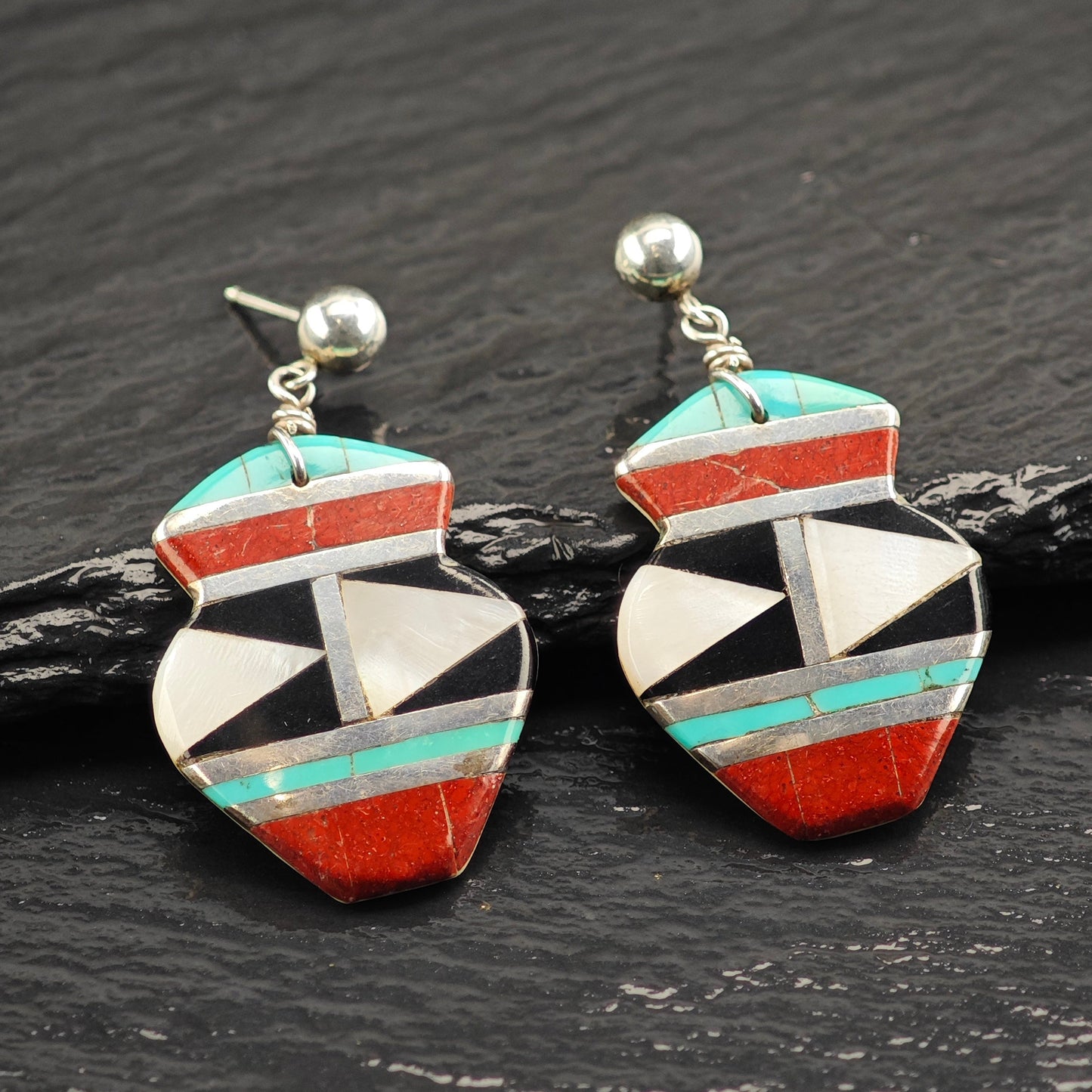 Vintage Zuni Native American Shell Inlay Sterling Silver Stud Dangle Earrings ER3070