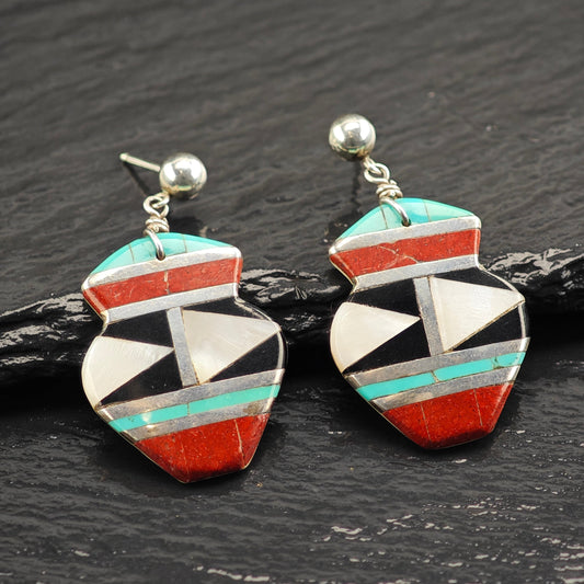 Vintage Zuni Native American Shell Inlay Sterling Silver Stud Dangle Earrings ER3070