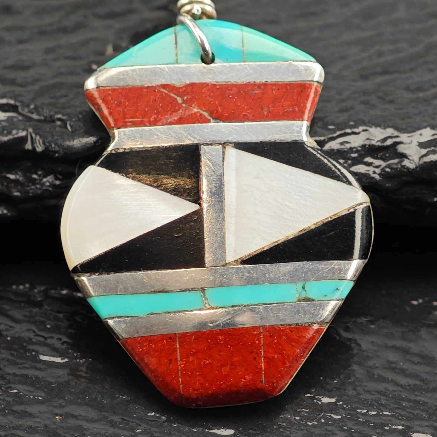 Vintage Zuni Native American Shell Inlay Sterling Silver Stud Dangle Earrings ER3070
