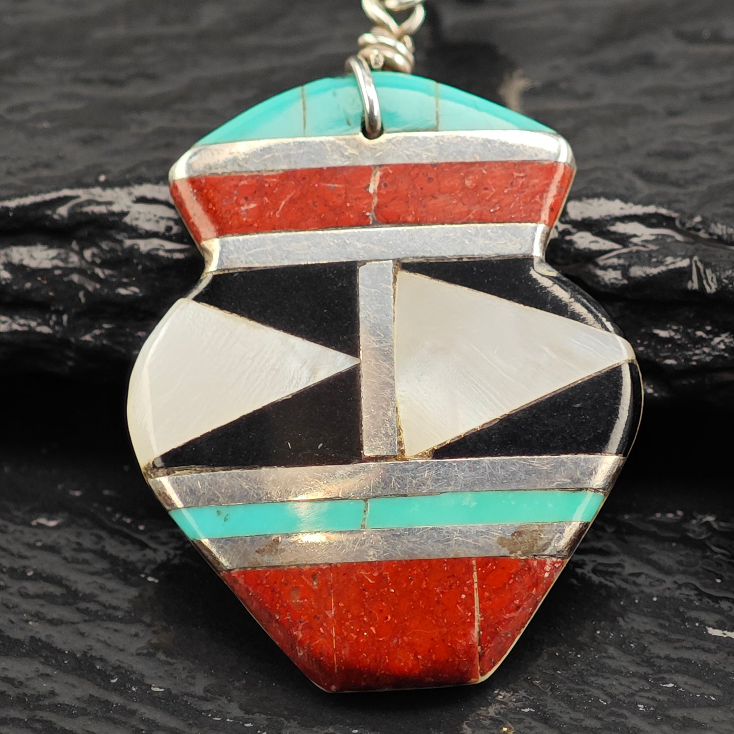 Vintage Zuni Native American Shell Inlay Sterling Silver Stud Dangle Earrings ER3070