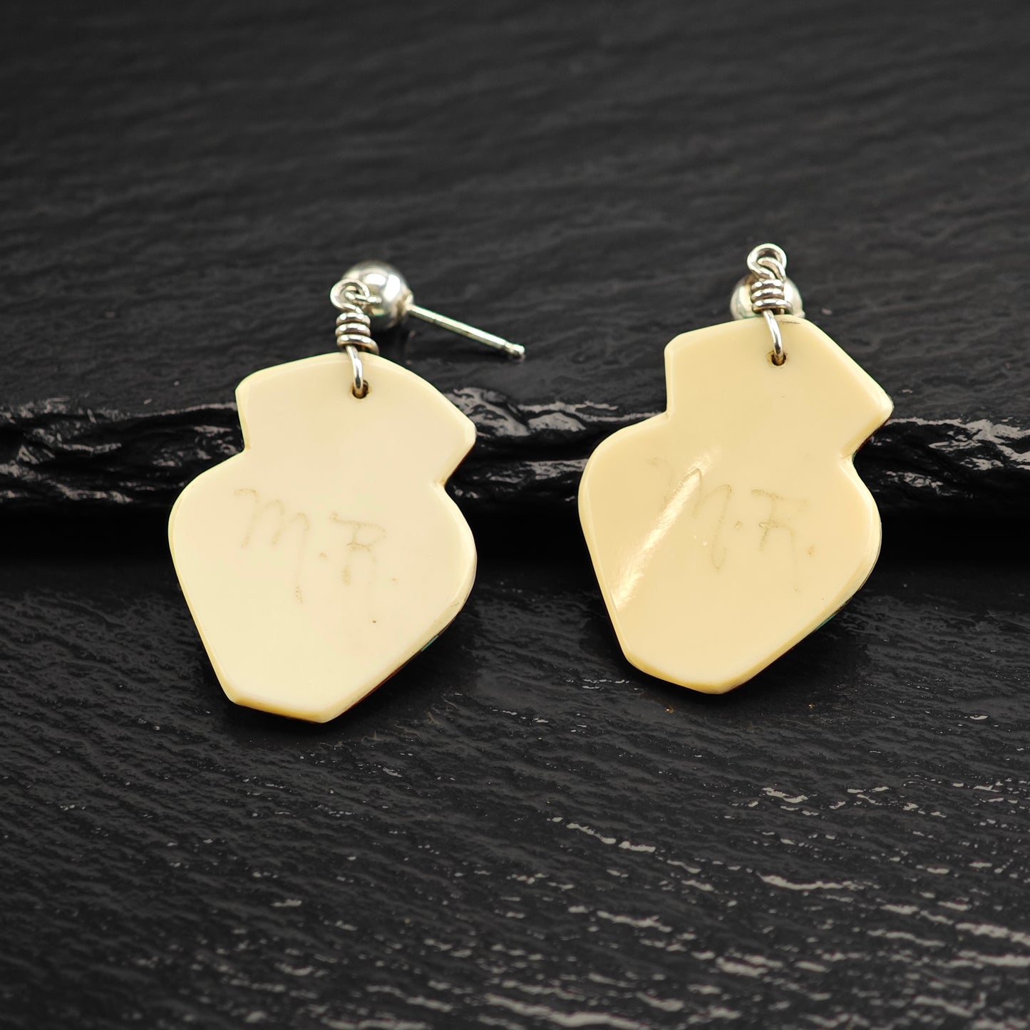 Vintage Zuni Native American Shell Inlay Sterling Silver Stud Dangle Earrings ER3070