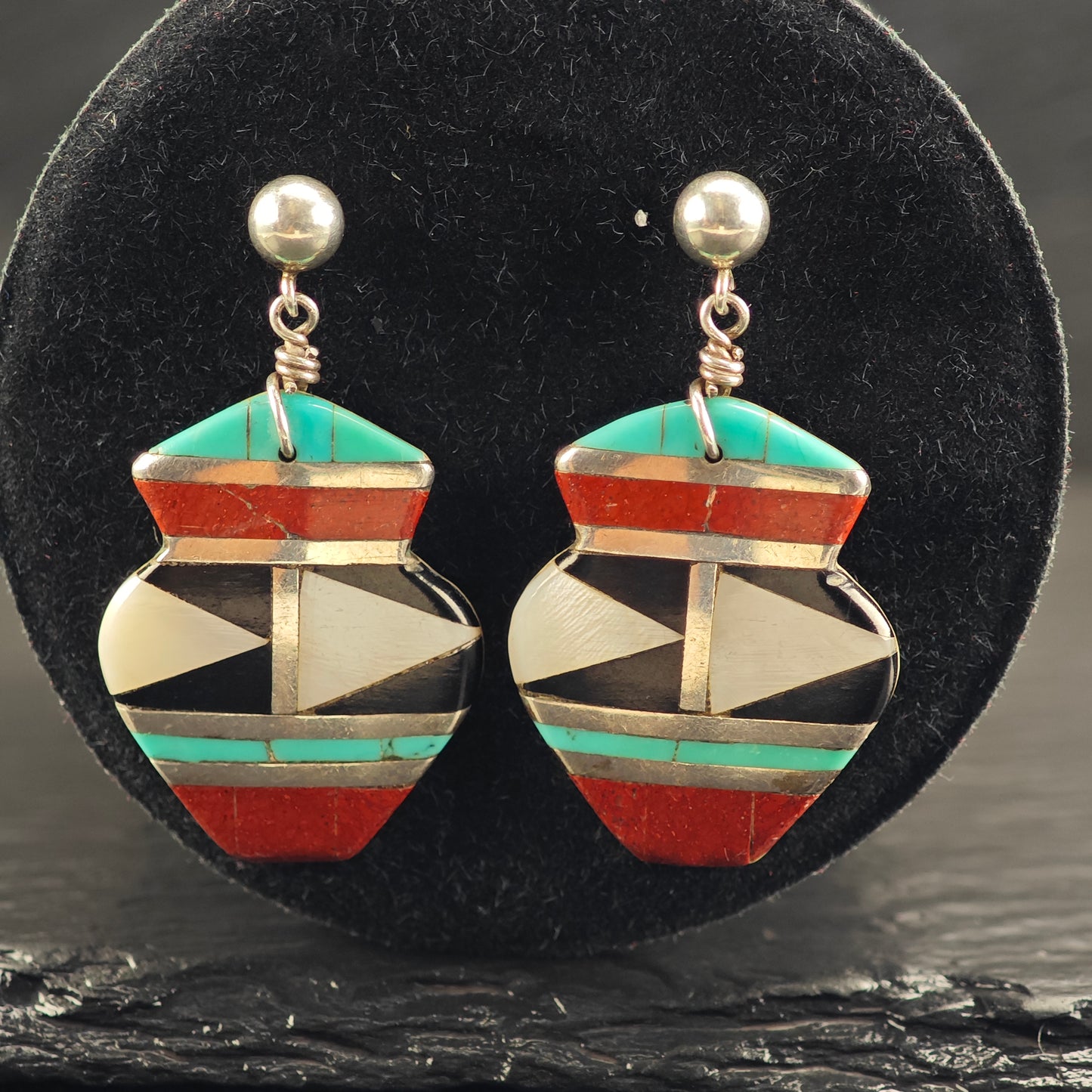 Vintage Zuni Native American Shell Inlay Sterling Silver Stud Dangle Earrings ER3070