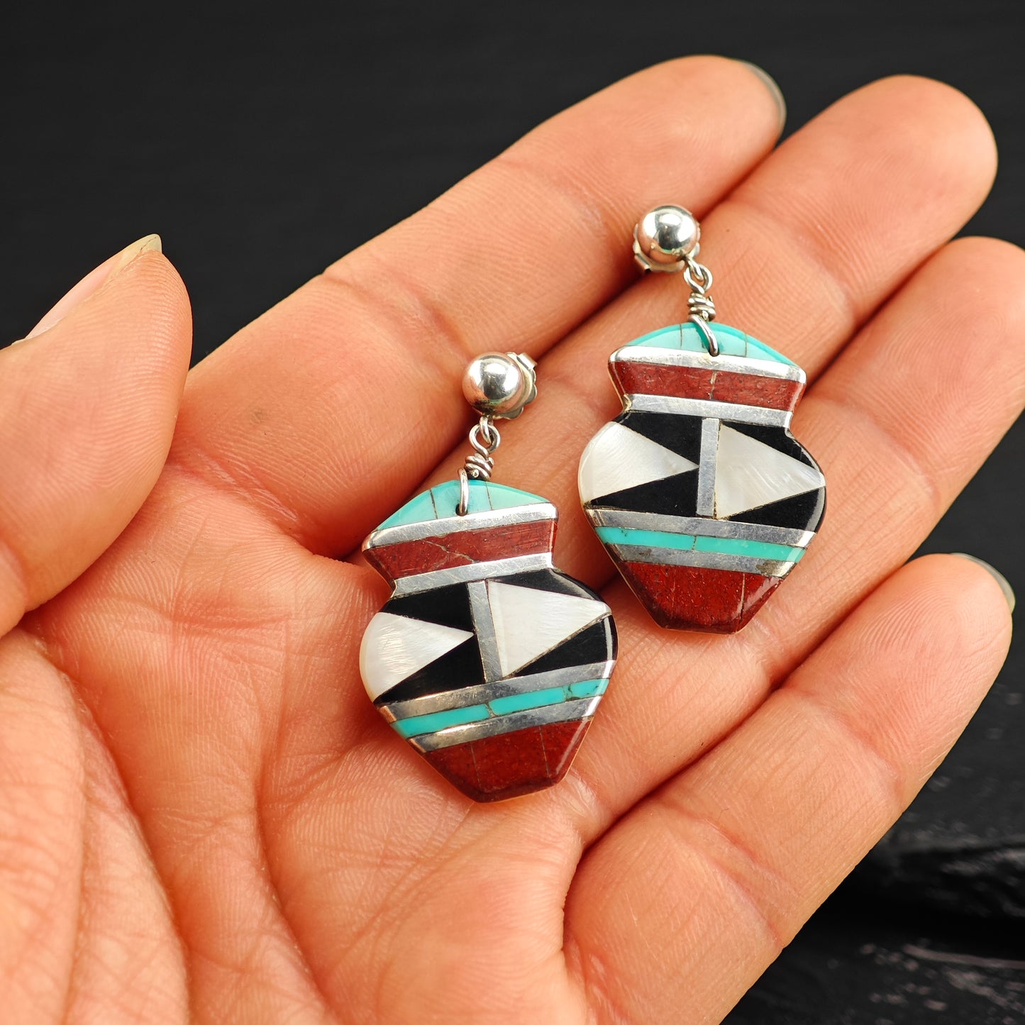 Vintage Zuni Native American Shell Inlay Sterling Silver Stud Dangle Earrings ER3070
