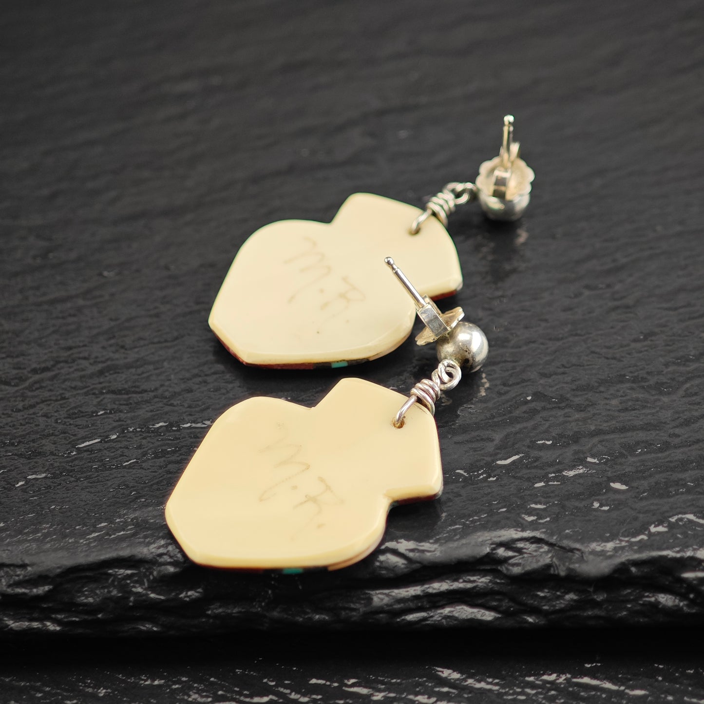 Vintage Zuni Native American Shell Inlay Sterling Silver Stud Dangle Earrings ER3070