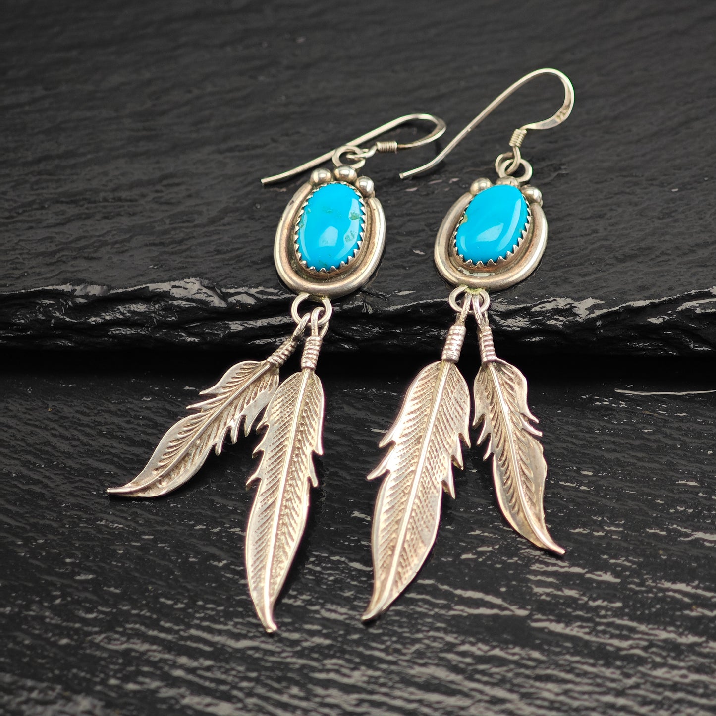 Vintage Native American Turquoise Feather Sterling Silver Hook Dangle Earrings ER3071
