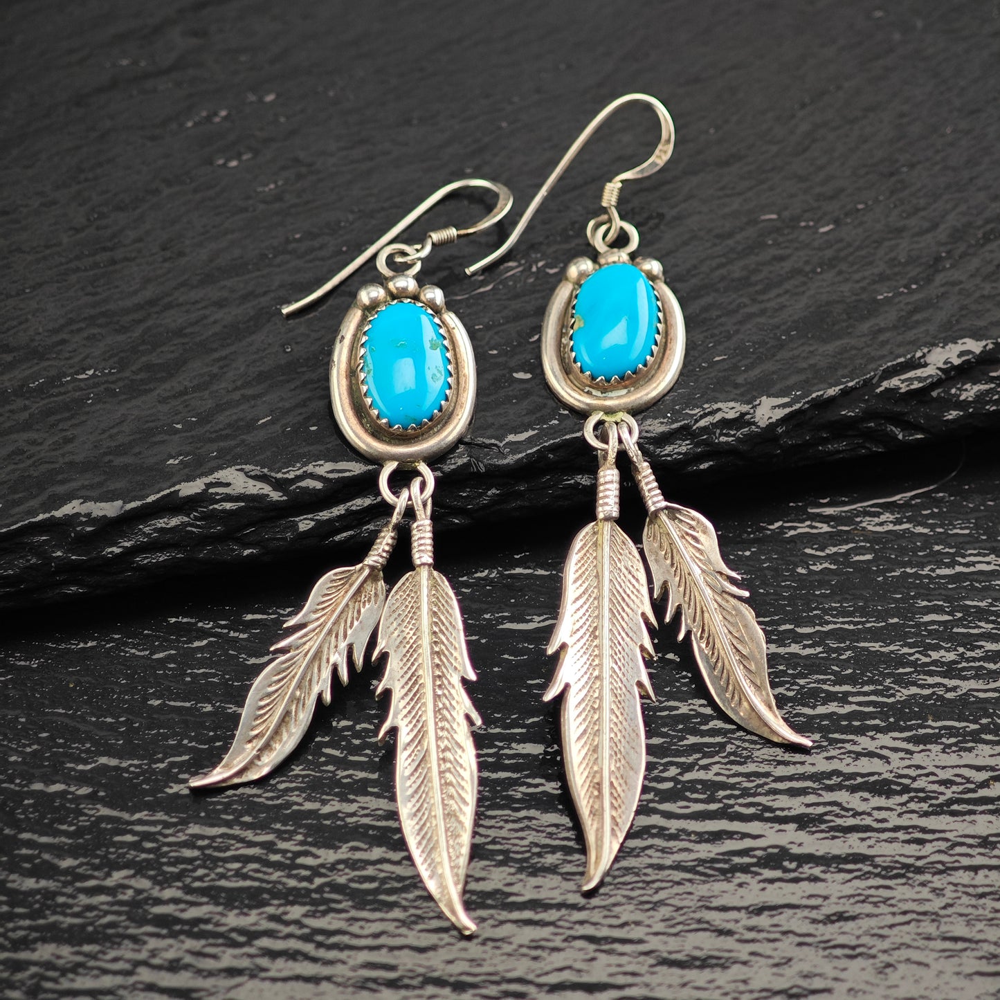 Vintage Native American Turquoise Feather Sterling Silver Hook Dangle Earrings ER3071