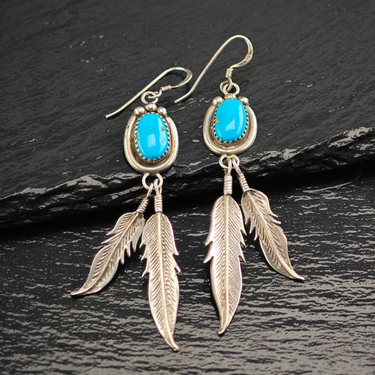 Vintage Native American Turquoise Feather Sterling Silver Hook Dangle Earrings ER3071