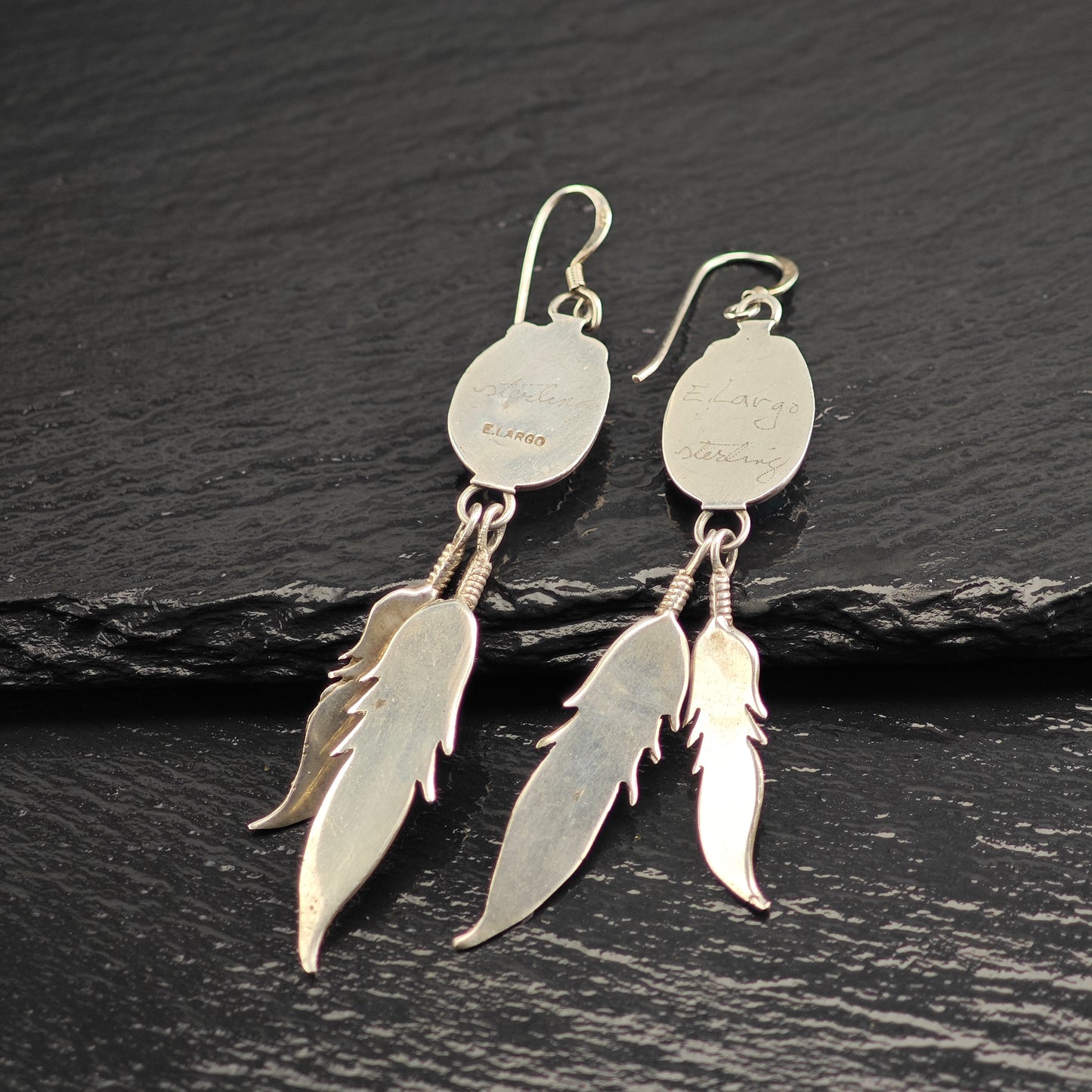Vintage Native American Turquoise Feather Sterling Silver Hook Dangle Earrings ER3071