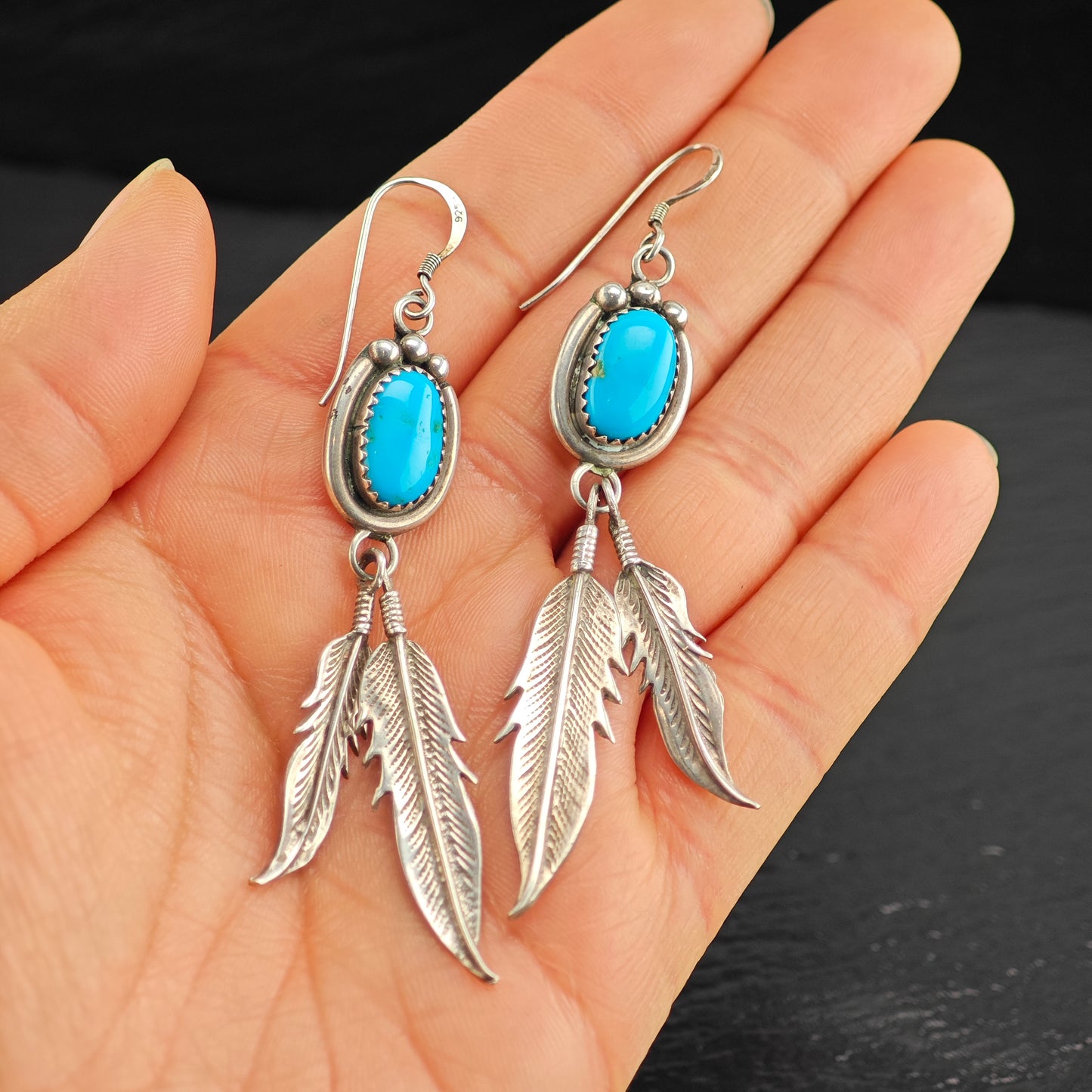 Vintage Native American Turquoise Feather Sterling Silver Hook Dangle Earrings ER3071
