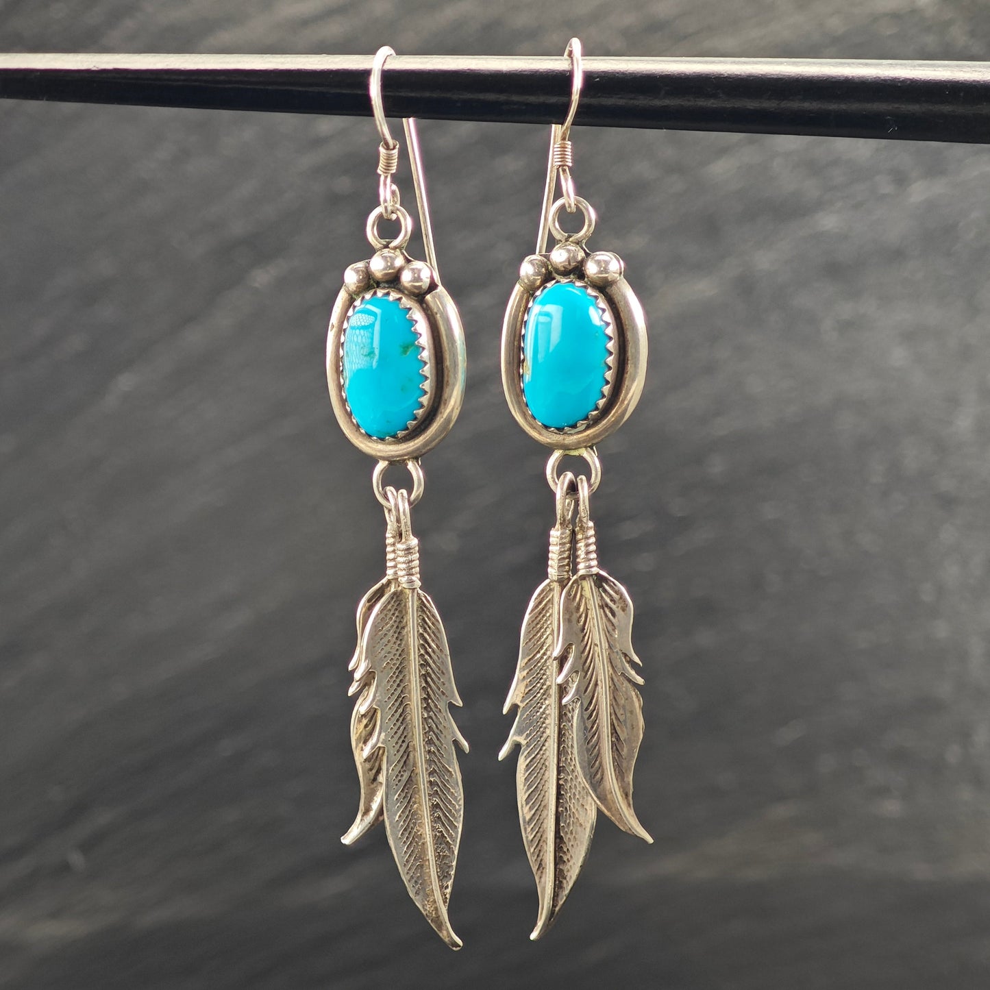 Vintage Native American Turquoise Feather Sterling Silver Hook Dangle Earrings ER3071