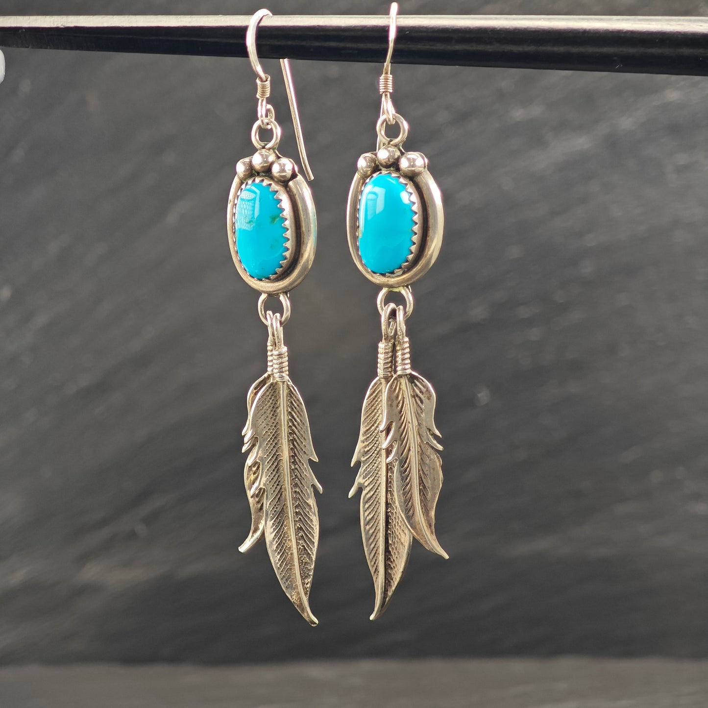 Vintage Native American Turquoise Feather Sterling Silver Hook Dangle Earrings ER3071