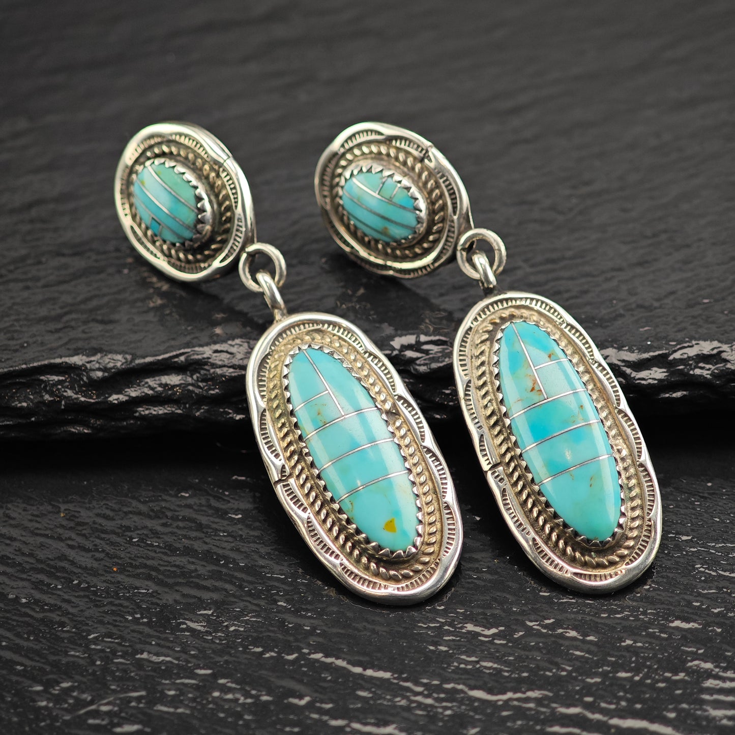 Vintage Native American Turquoise Inlay Sterling Silver Stud Dangle Earrings ER3073