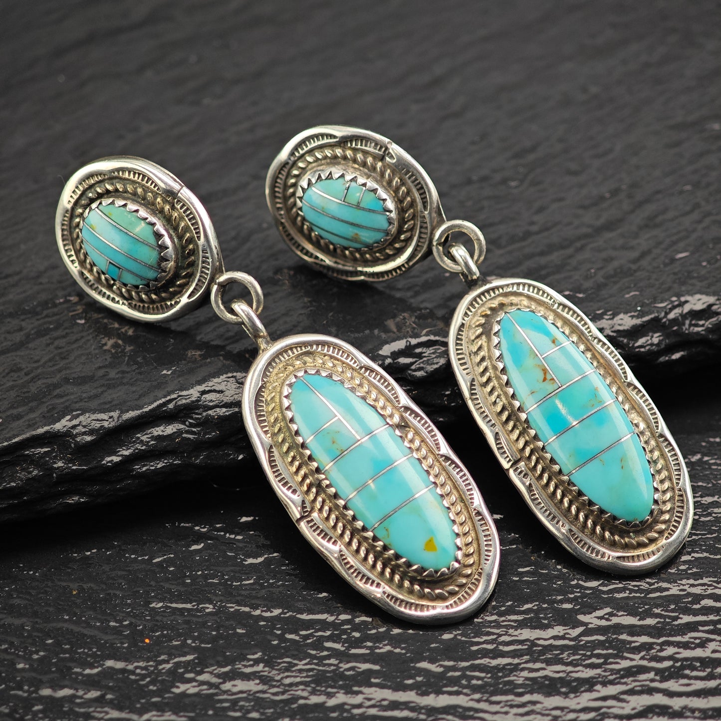 Vintage Native American Turquoise Inlay Sterling Silver Stud Dangle Earrings ER3073