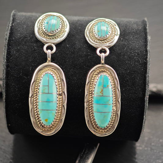 Vintage Native American Turquoise Inlay Sterling Silver Stud Dangle Earrings ER3073
