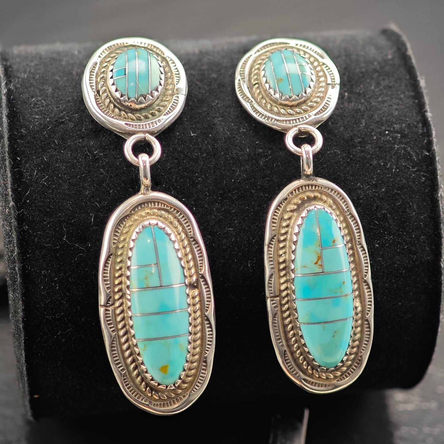 Vintage Native American Turquoise Inlay Sterling Silver Stud Dangle Earrings ER3073