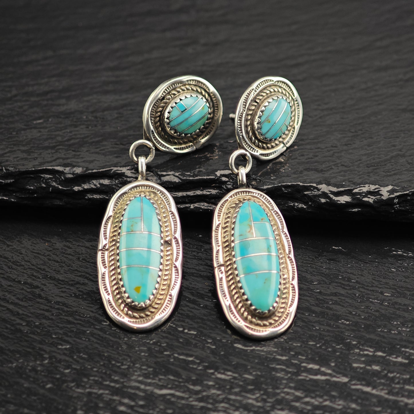 Vintage Native American Turquoise Inlay Sterling Silver Stud Dangle Earrings ER3073
