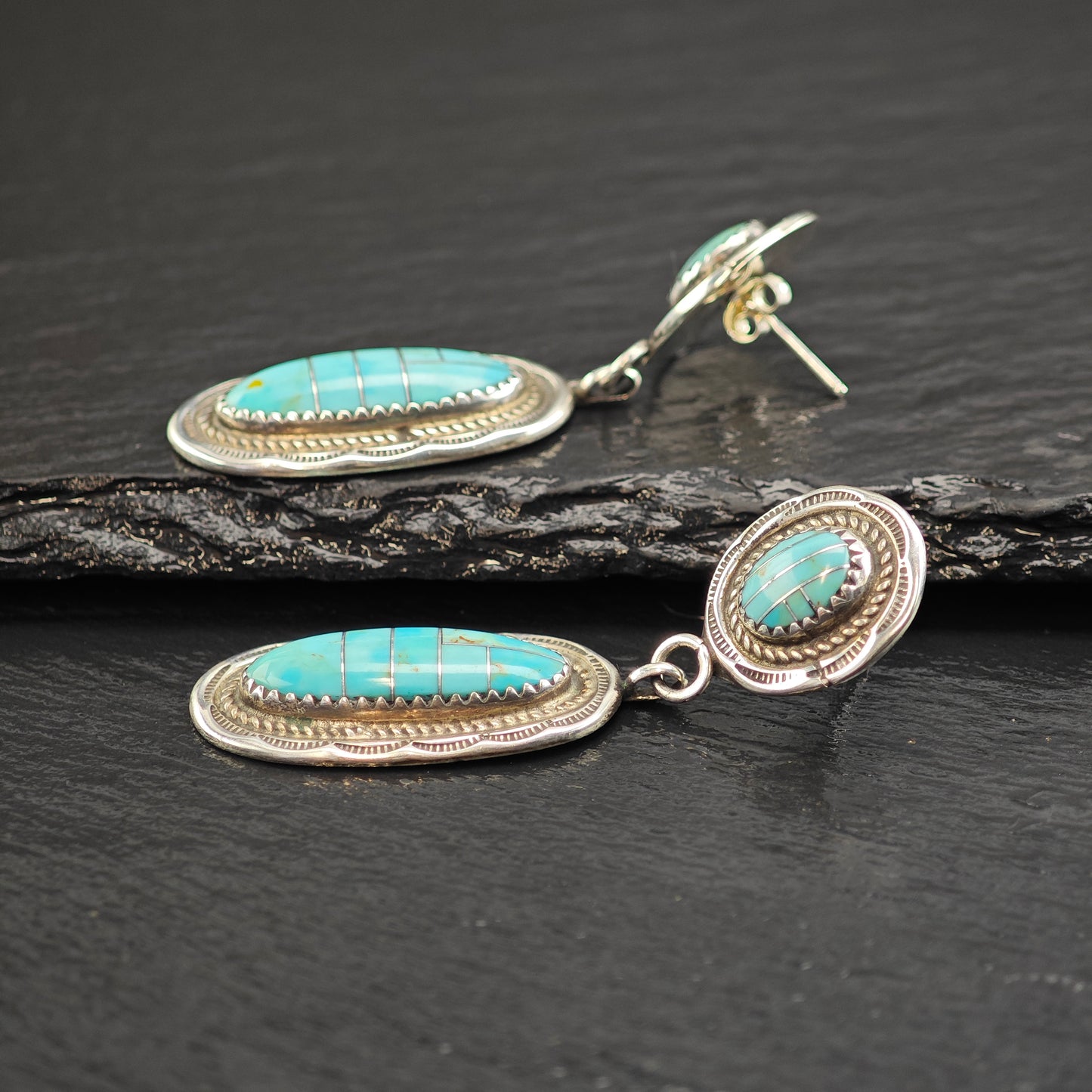 Vintage Native American Turquoise Inlay Sterling Silver Stud Dangle Earrings ER3073