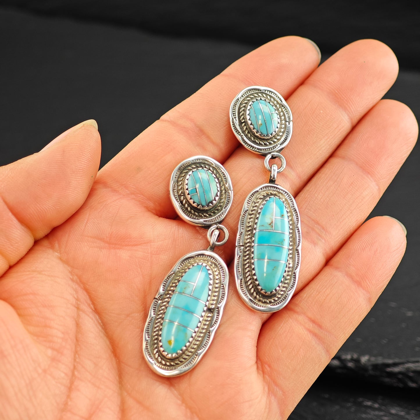 Vintage Native American Turquoise Inlay Sterling Silver Stud Dangle Earrings ER3073