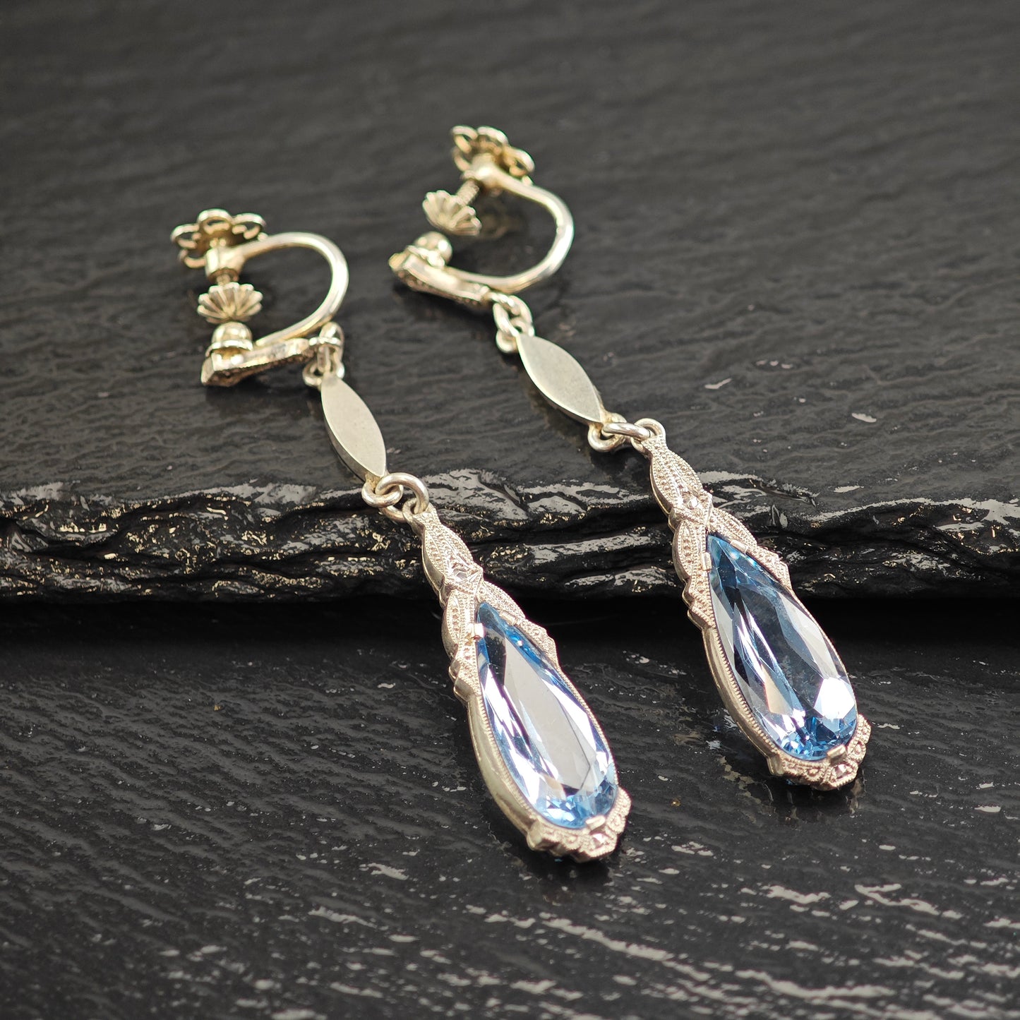 Art Deco 800 Silver Synthetic Spinel Sterling Silver Screw Back Dangle Earrings ER3074