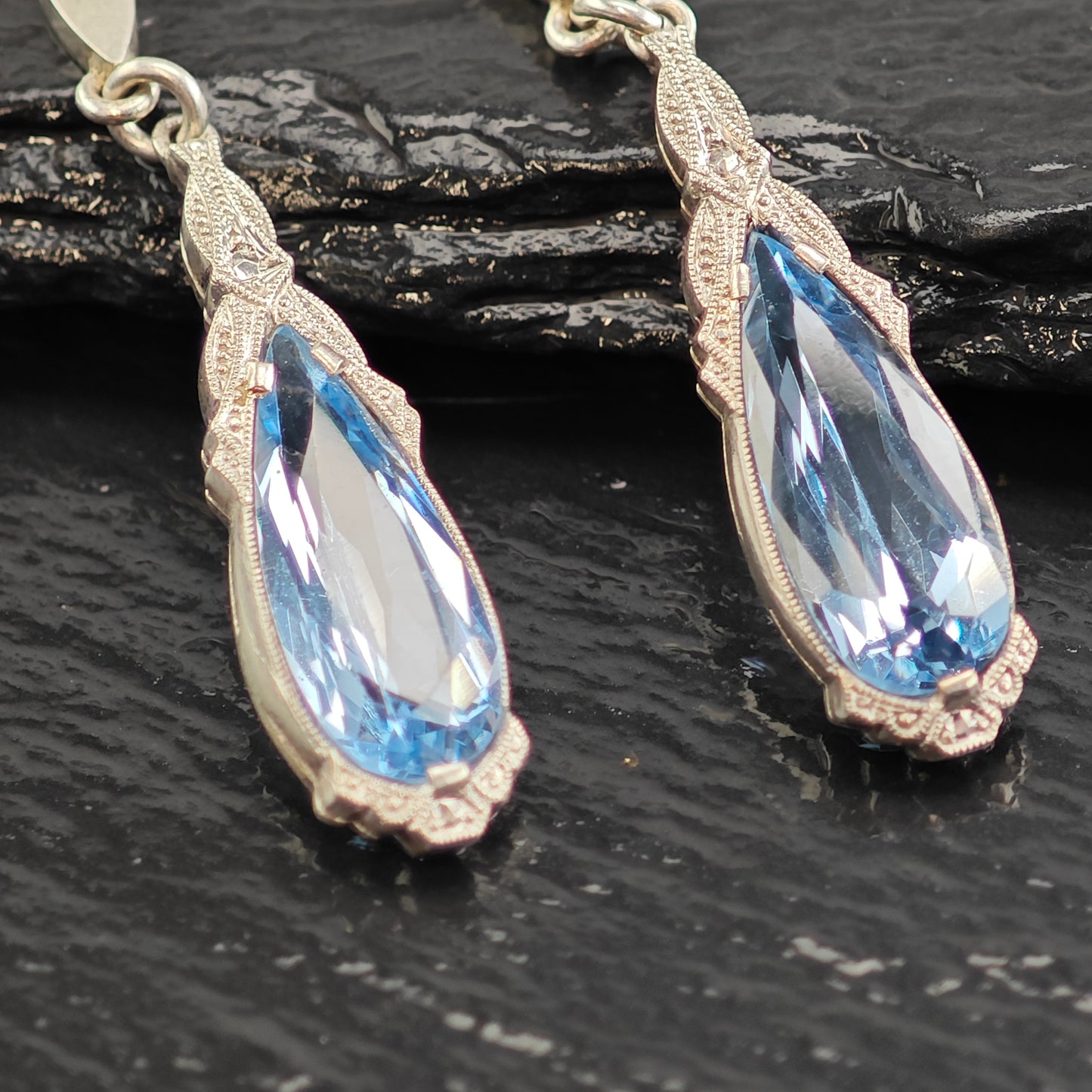 Art Deco 800 Silver Synthetic Spinel Sterling Silver Screw Back Dangle Earrings ER3074