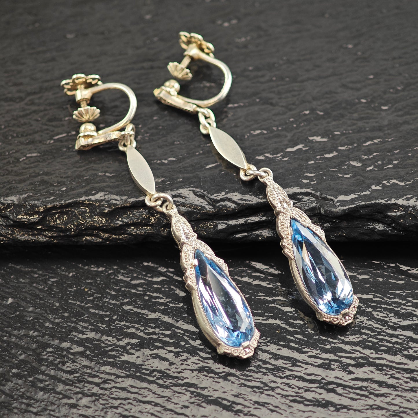 Art Deco 800 Silver Synthetic Spinel Sterling Silver Screw Back Dangle Earrings ER3074