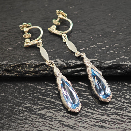 Art Deco 800 Silver Synthetic Spinel Sterling Silver Screw Back Dangle Earrings ER3074