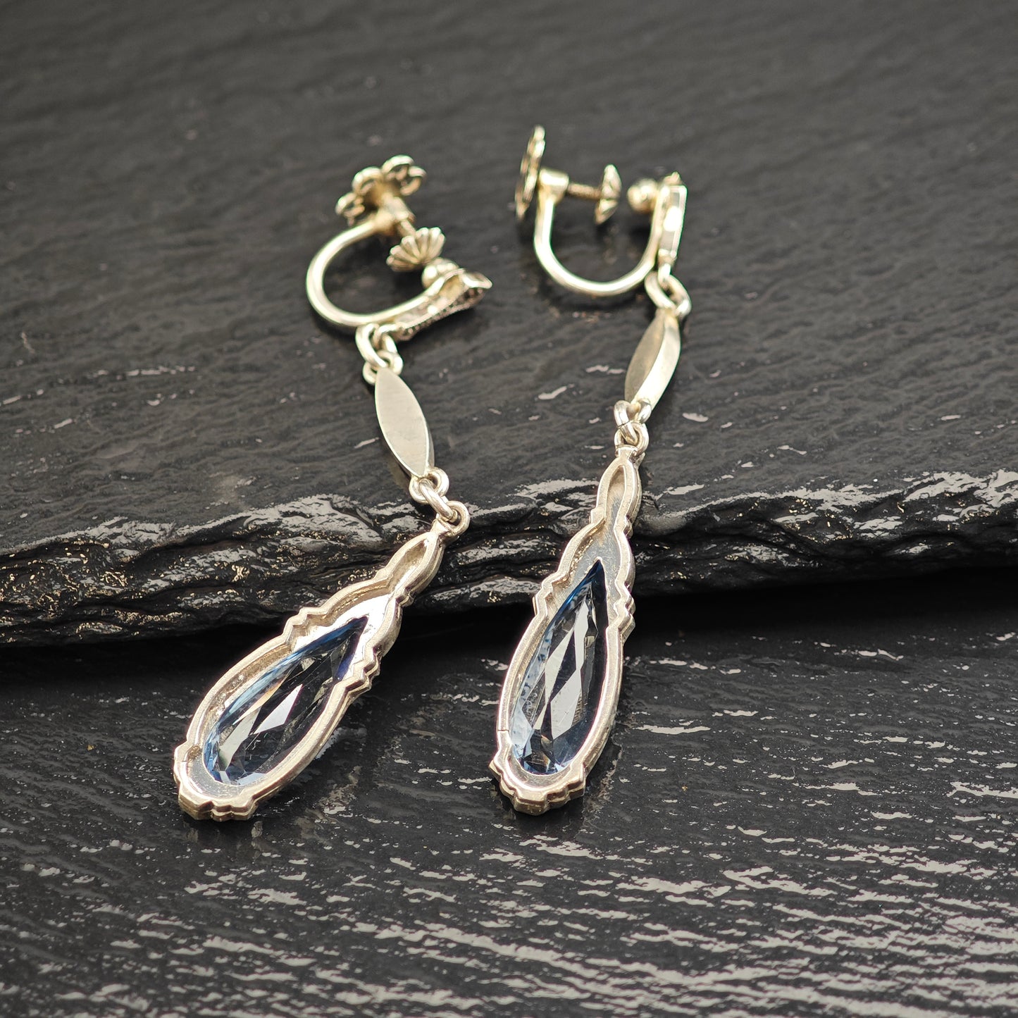 Art Deco 800 Silver Synthetic Spinel Sterling Silver Screw Back Dangle Earrings ER3074
