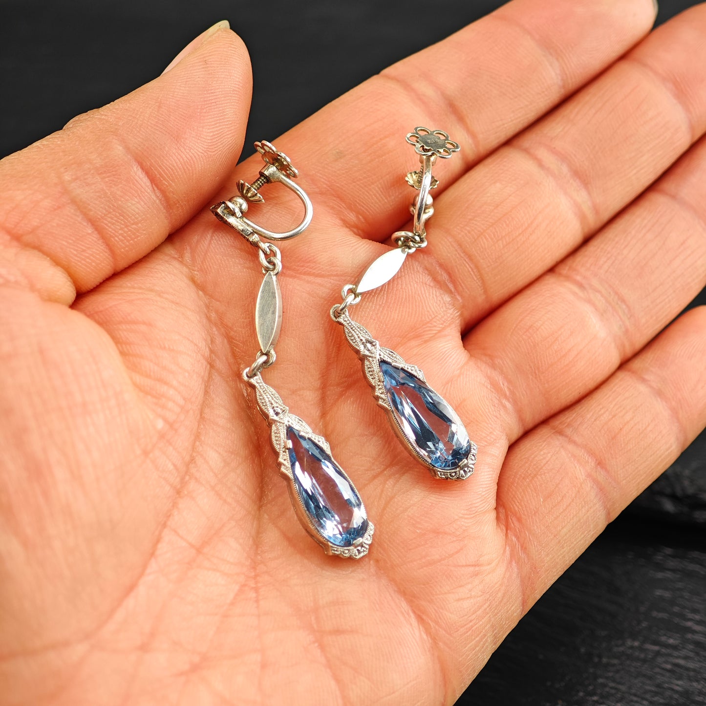 Art Deco 800 Silver Synthetic Spinel Sterling Silver Screw Back Dangle Earrings ER3074