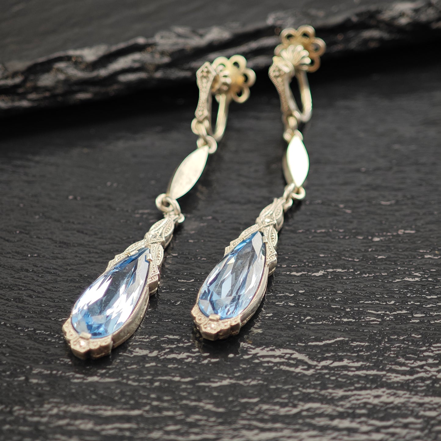 Art Deco 800 Silver Synthetic Spinel Sterling Silver Screw Back Dangle Earrings ER3074