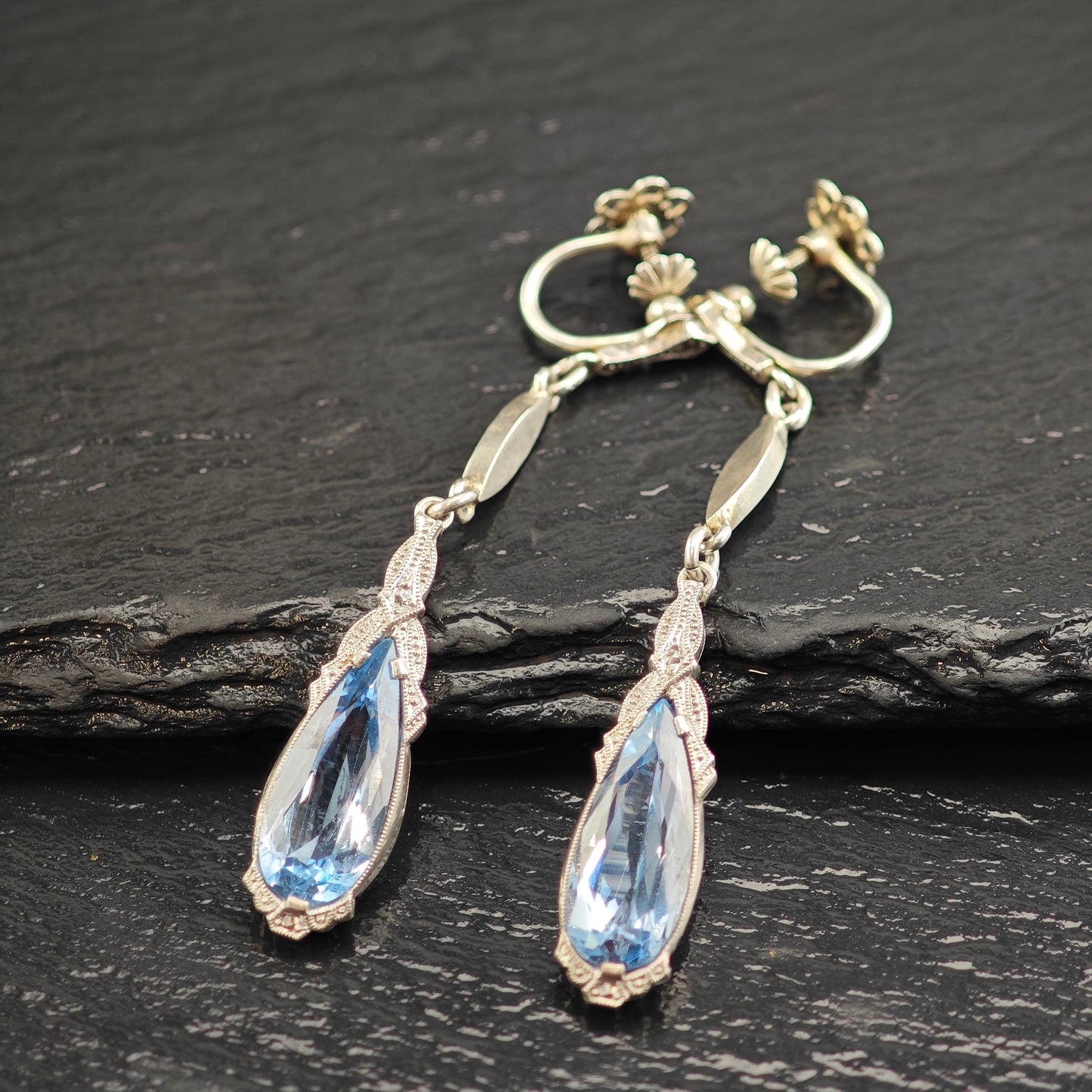 Art Deco 800 Silver Synthetic Spinel Sterling Silver Screw Back Dangle Earrings ER3074