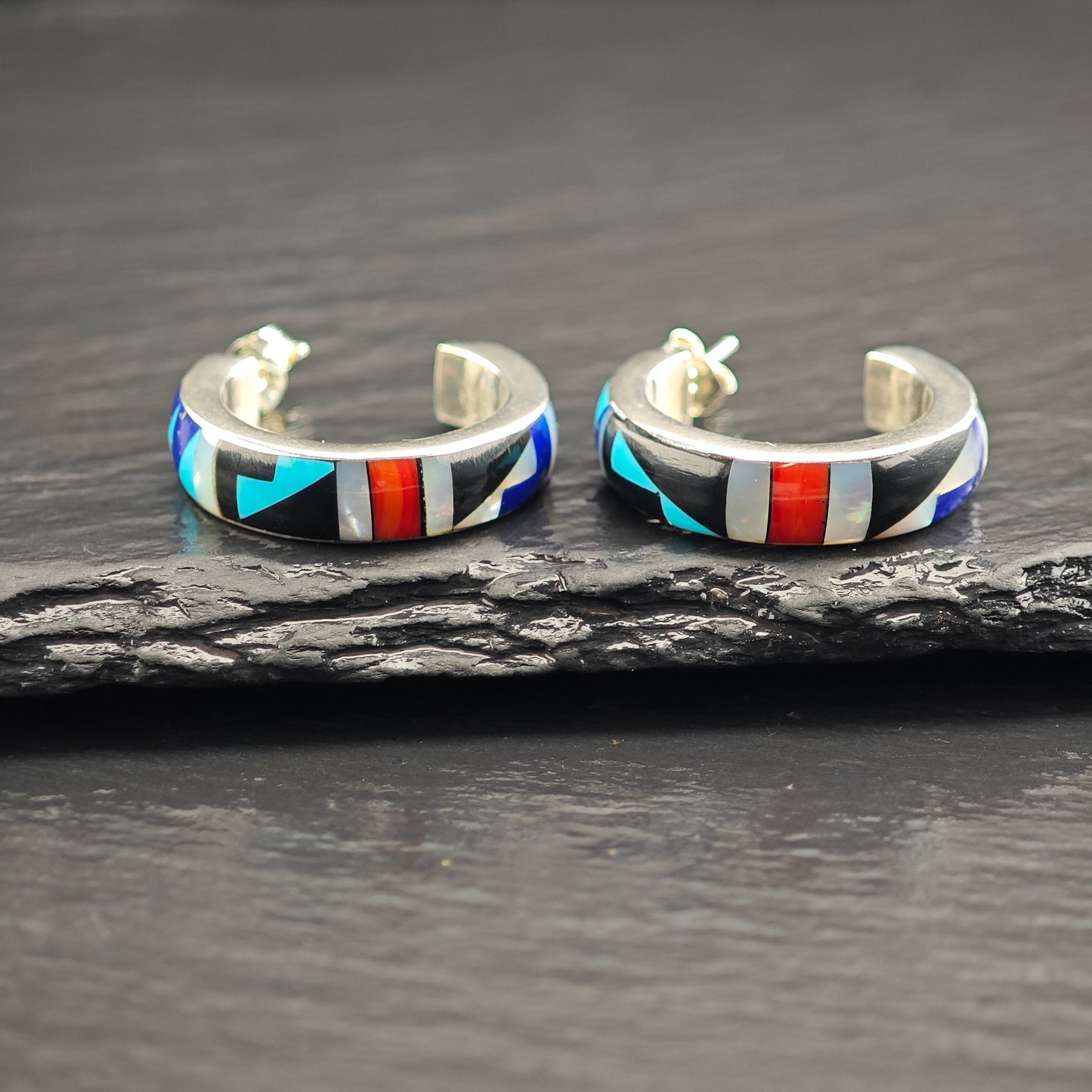Vintage Sw Inlay Sterling Silver Stud/Hoop Earrings ER3077