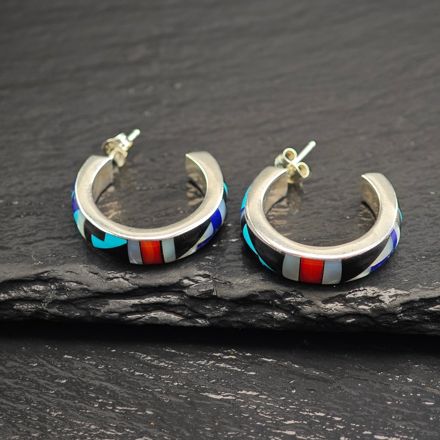 Vintage Sw Inlay Sterling Silver Stud/Hoop Earrings ER3077