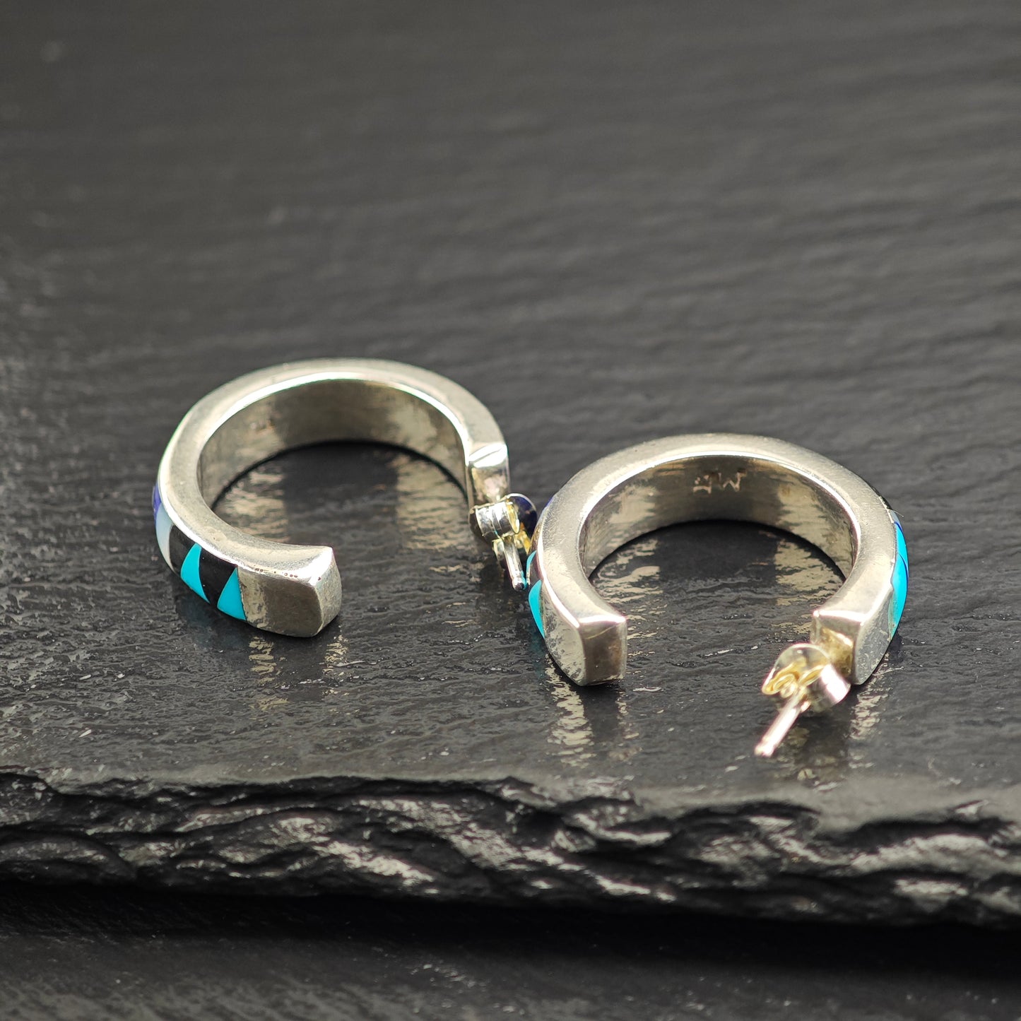 Vintage Sw Inlay Sterling Silver Stud/Hoop Earrings ER3077