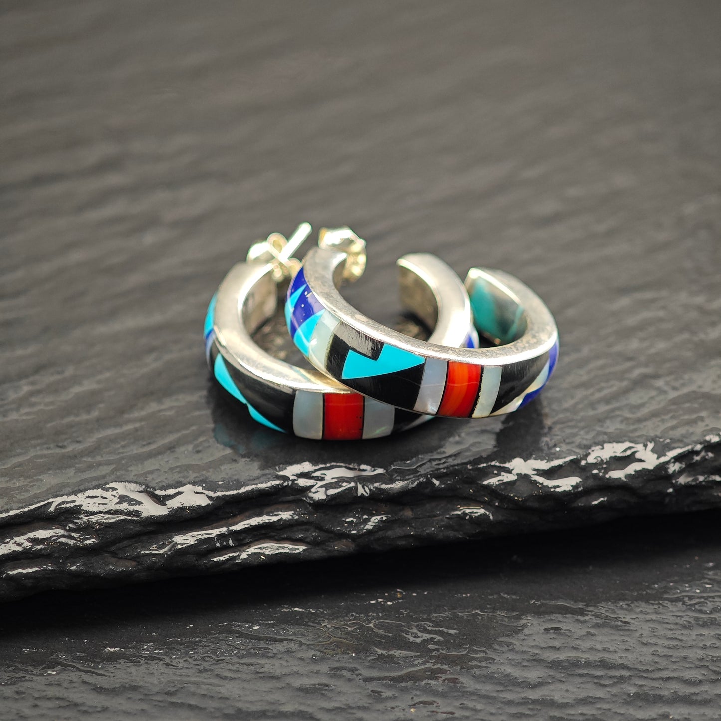 Vintage Sw Inlay Sterling Silver Stud/Hoop Earrings ER3077