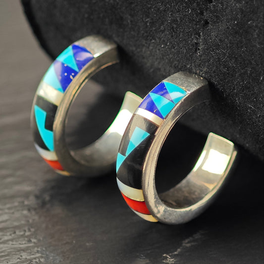 Vintage Sw Inlay Sterling Silver Stud/Hoop Earrings ER3077
