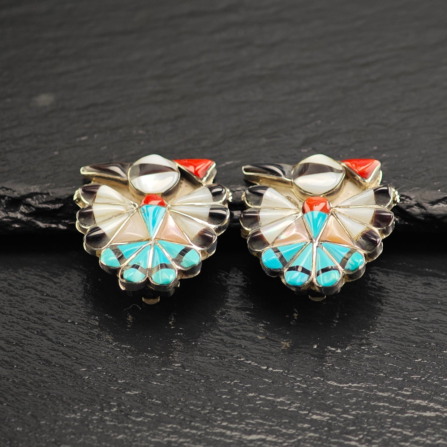 Vintage Zuni Thunderbird Inlay Sterling Silver Clip On Earrings ER3079
