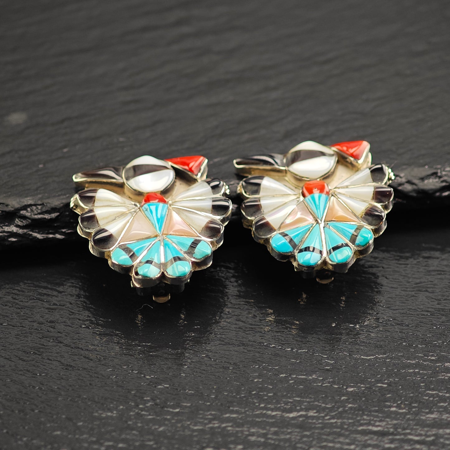 Vintage Zuni Thunderbird Inlay Sterling Silver Clip On Earrings ER3079
